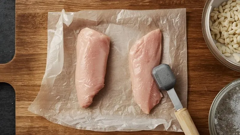 Place each chicken breast between two pieces of plastic wrap or parchment paper. Gently pound them to an even ¾-inch thickness using a meat mallet or the bottom of a heavy pan. This helps them cook evenly and retain their juiciness. No one wants one end rubbery and the other end perfect, right?